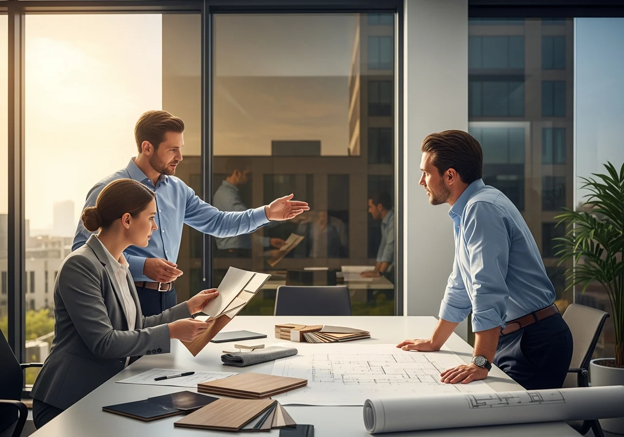 Professionals discussing benefits of tinted windows in a modern office.