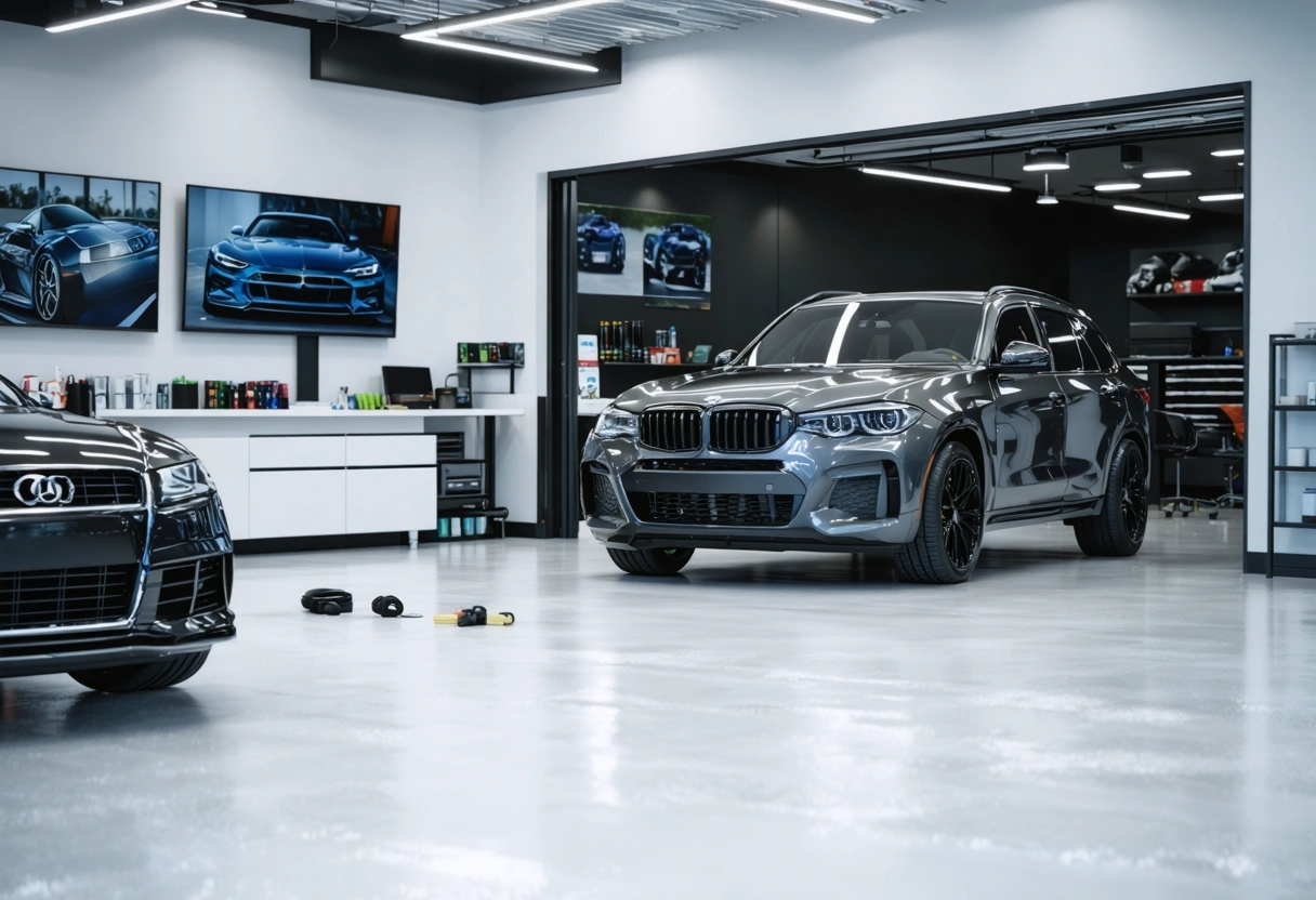 modern-automotive-tinting-workspace-in-port-88wQFB Modern automotive tinting workspace in Port Charlotte, Florida, viewed in a clean slightly elevated wide shot
