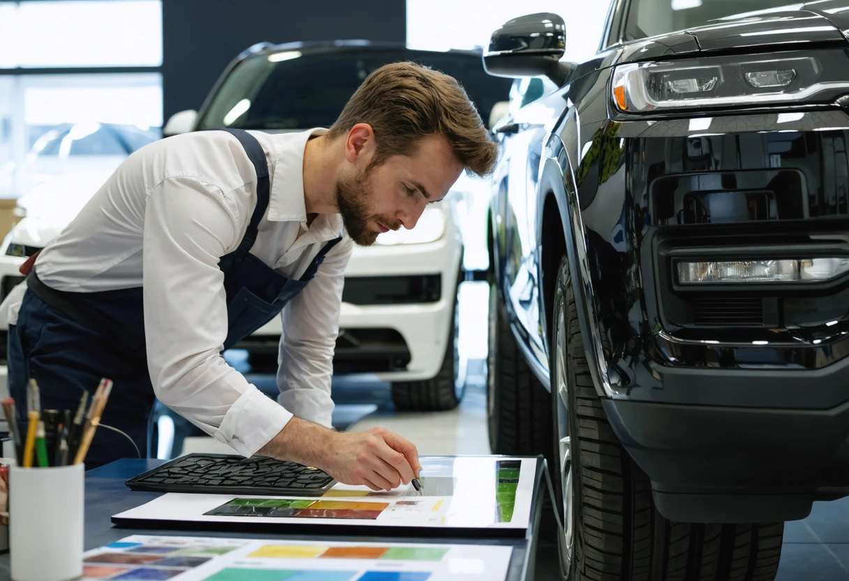 Specialist and customer review tint samples beside a sleek vehicle