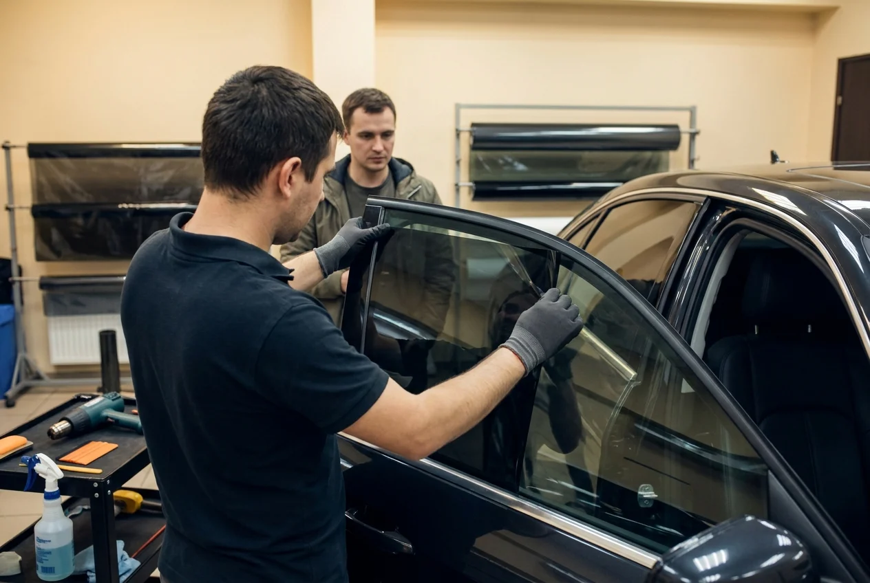 Over-the-shoulder workflow scene inside a professional tinting bay, showing a technician carefully comparing factory privacy