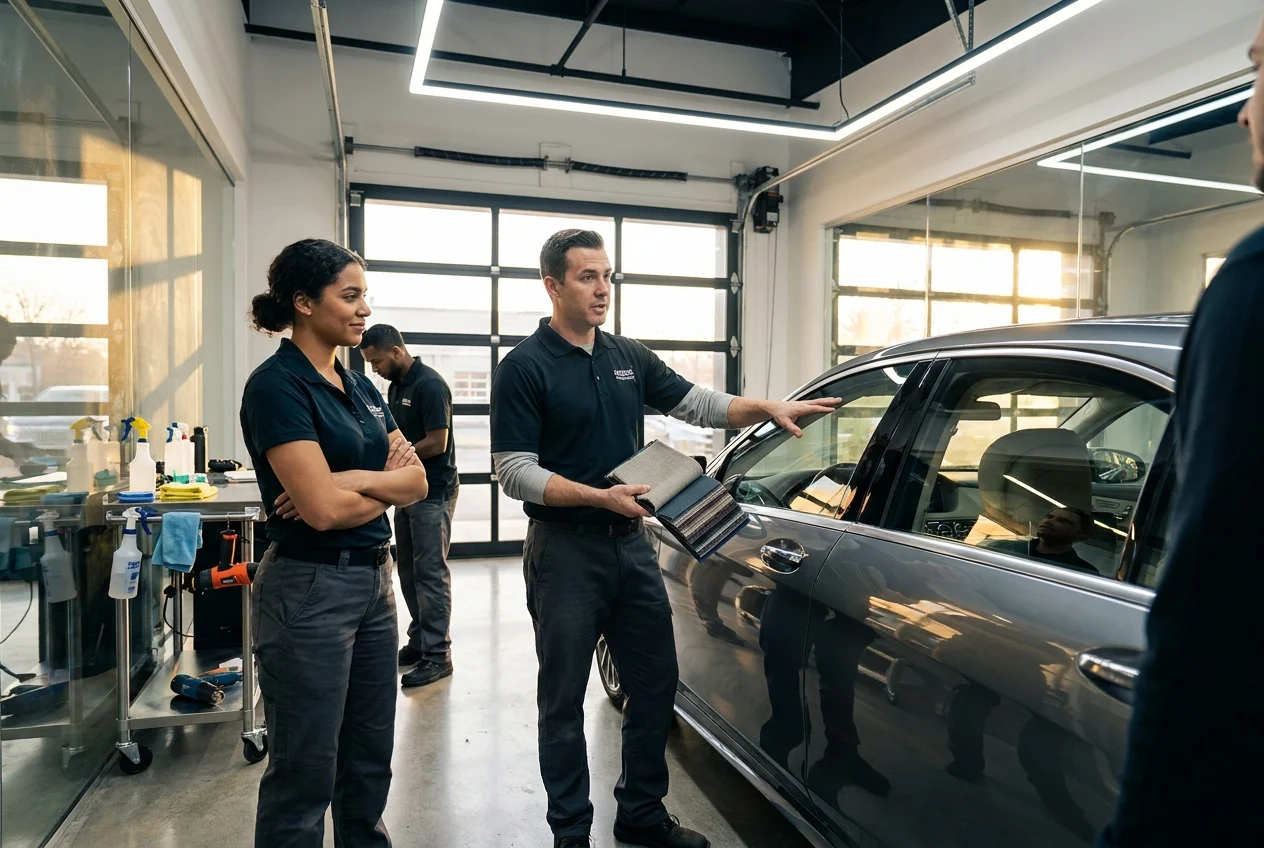 professional-window-tinting-consultation-in-a-2RGPme Team discussing tint options beside a customer vehicle
