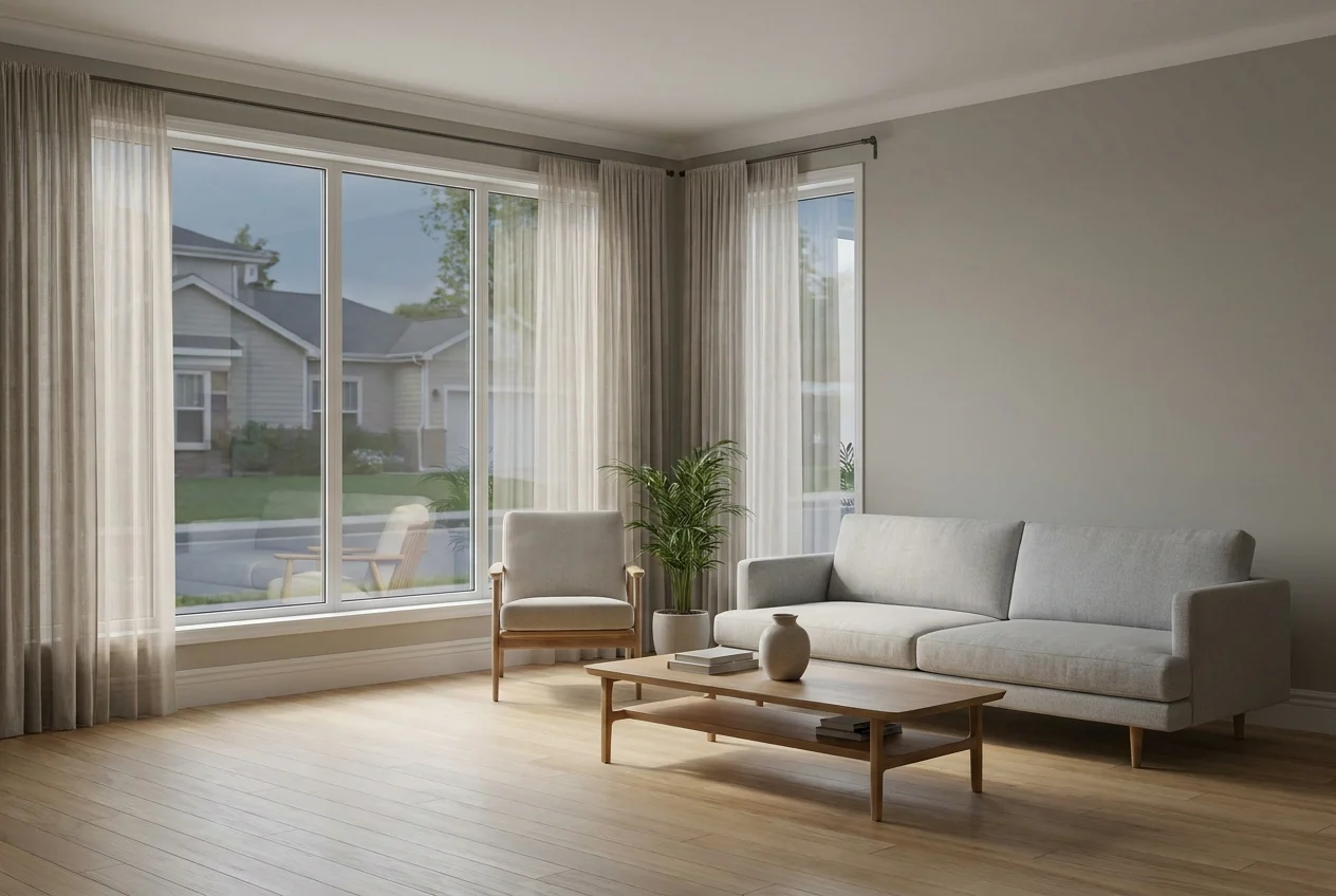 Sunlit living room with tinted windows reducing glare and improving privacy