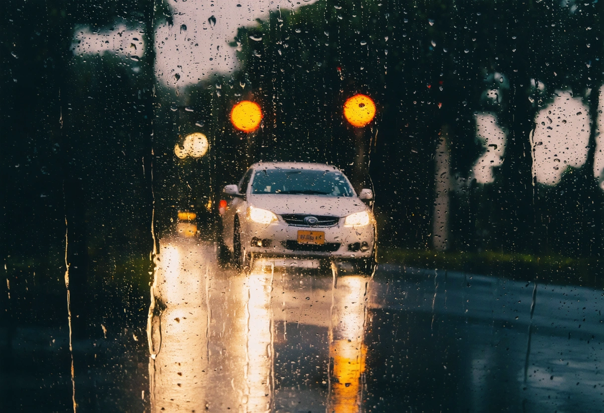 Tight close-up detail shot of a windshield in heavy Florida rain at dusk, with beads