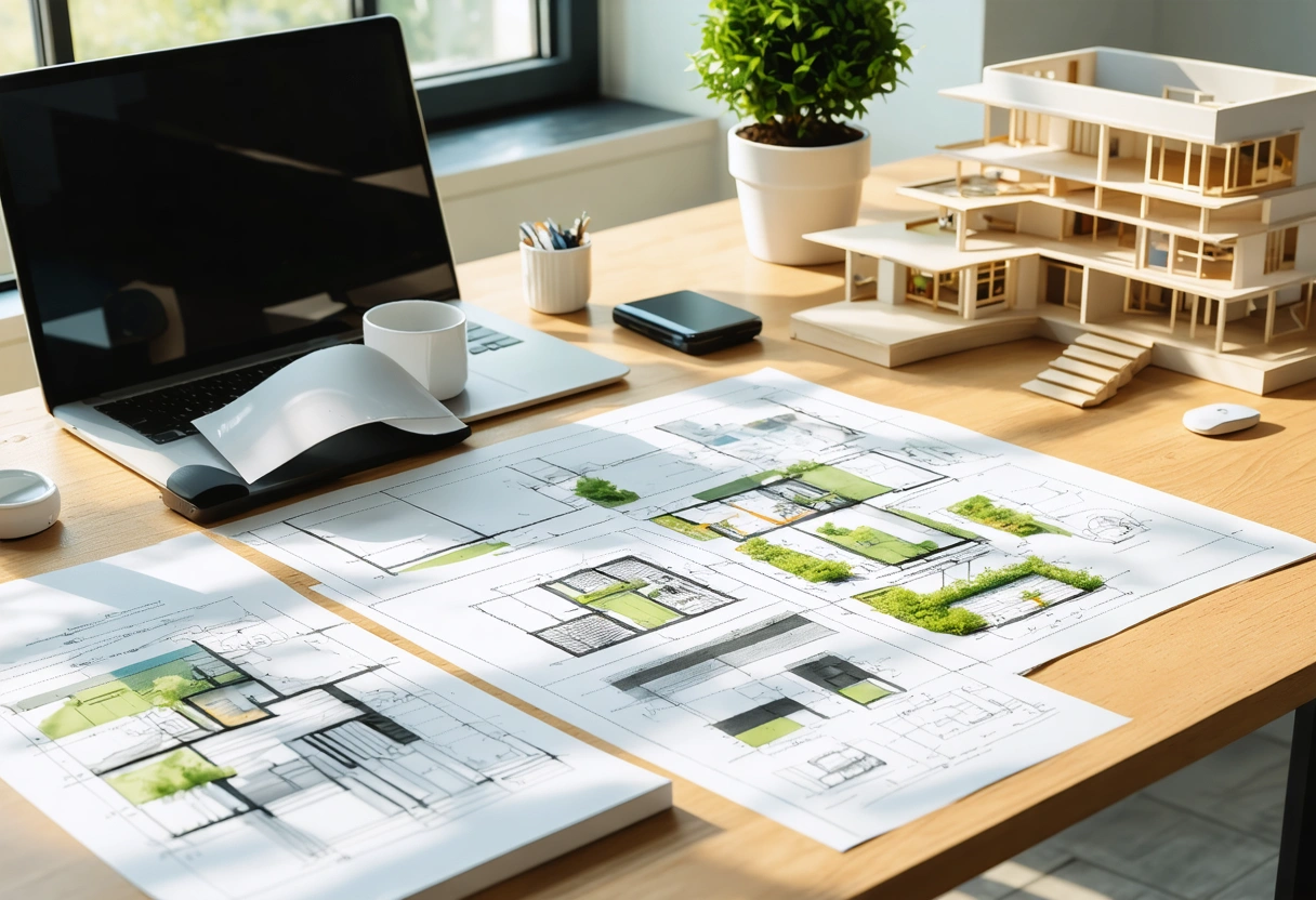 Eco-friendly tinting workspace with samples, sketches, and plant.