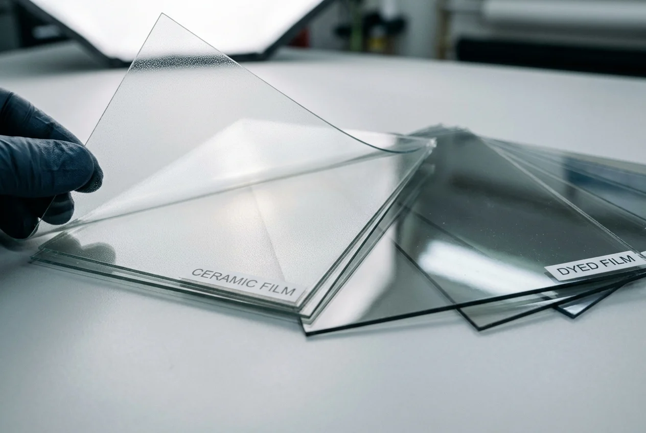 Layered automotive window film samples showing dyed and ceramic film differences