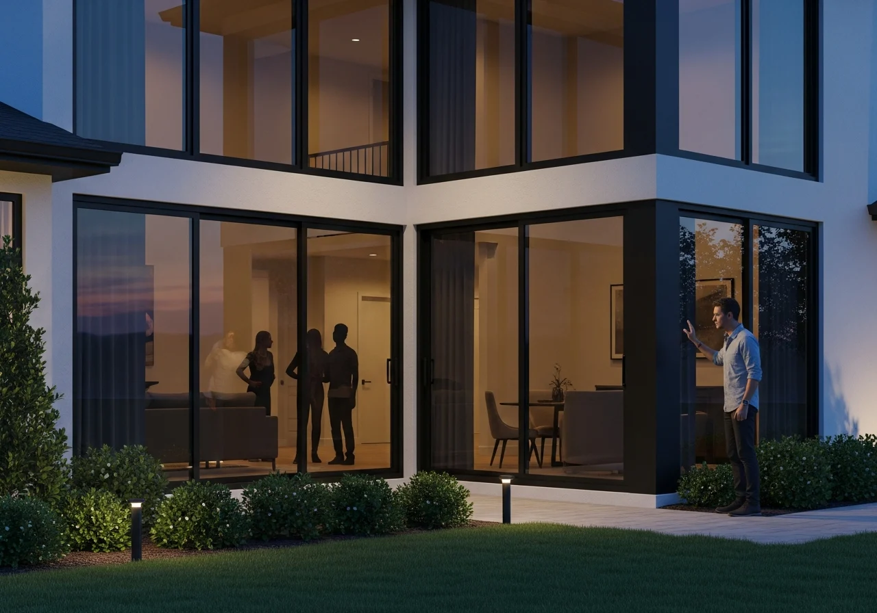 Wide hero shot of a bright suburban Florida home exterior at dusk with large front windows and patio doors, a family
