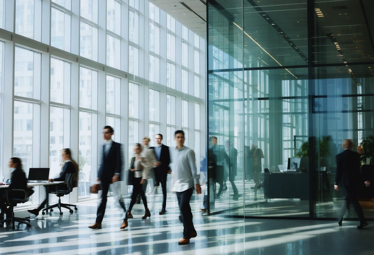 Office workers seated near large windows with softened daylight glare