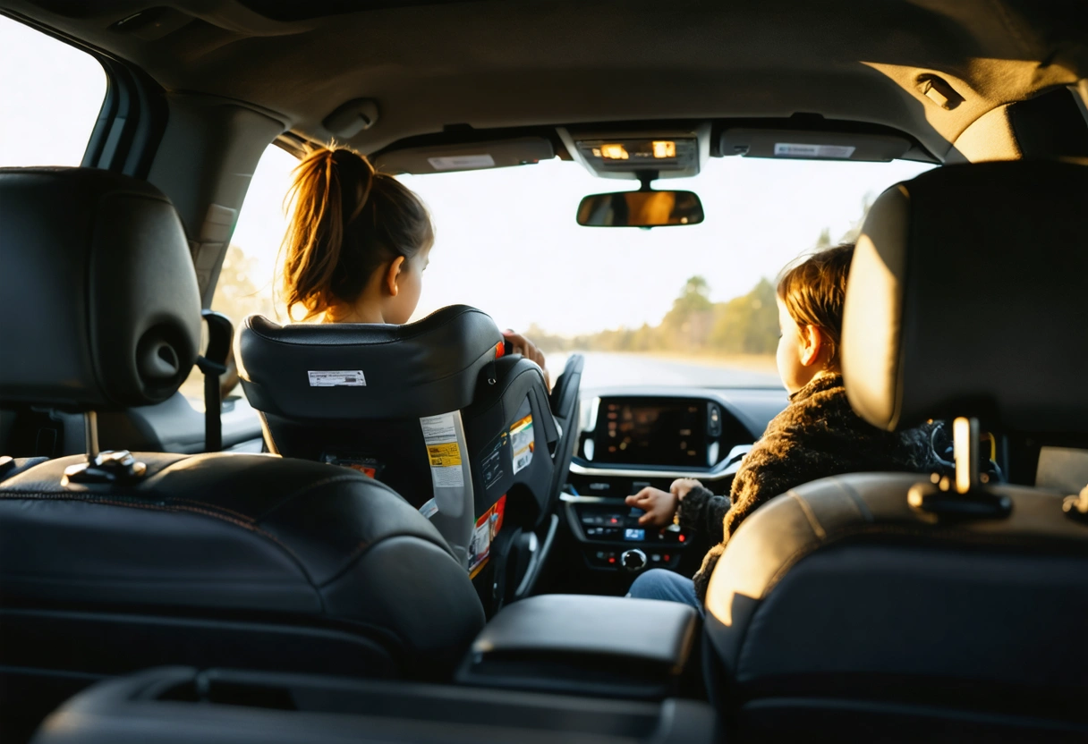 Family vehicle interior with softened sunlight, rear tint, and child seat