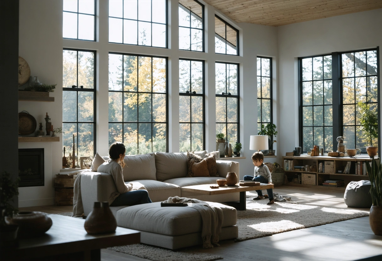 Bright family room showing sunlight risks and window tint comfort benefits