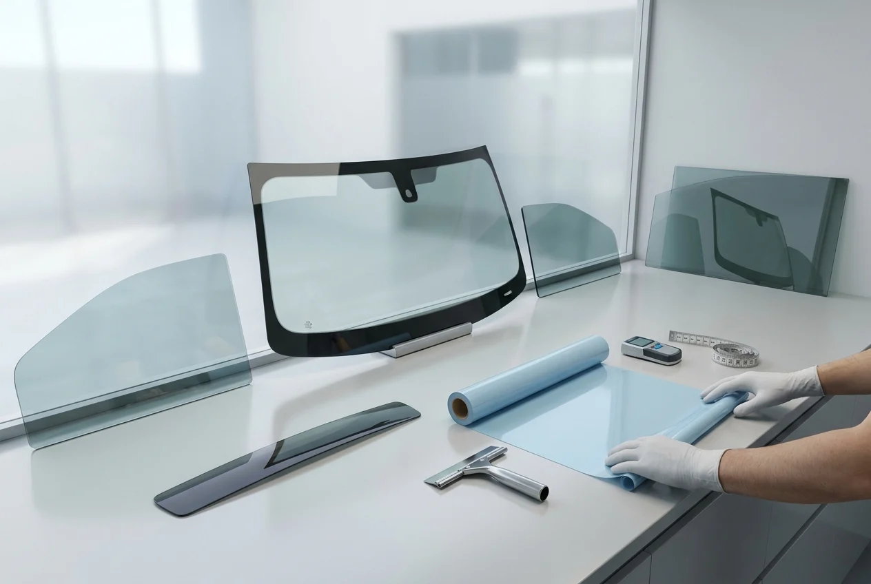 Premium tint workspace with window sections, tools, and sample film rolls