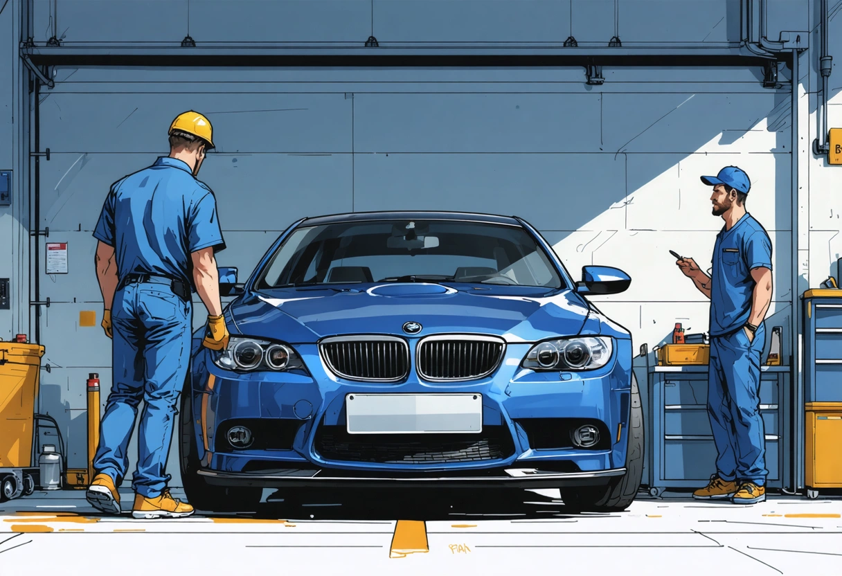 Modern vehicle in garage with protective film on front end, technician and owner nearby