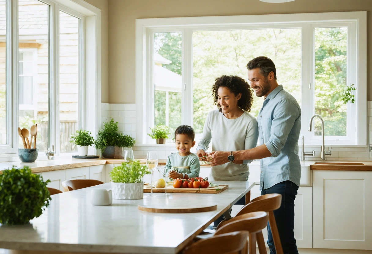 Kitchen dining area with homeowner and professional discussing heat-reducing window film