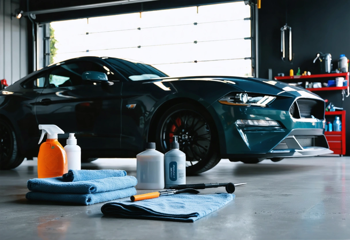 Protected car section beside detailing tools and coating bottles in sunlit garage