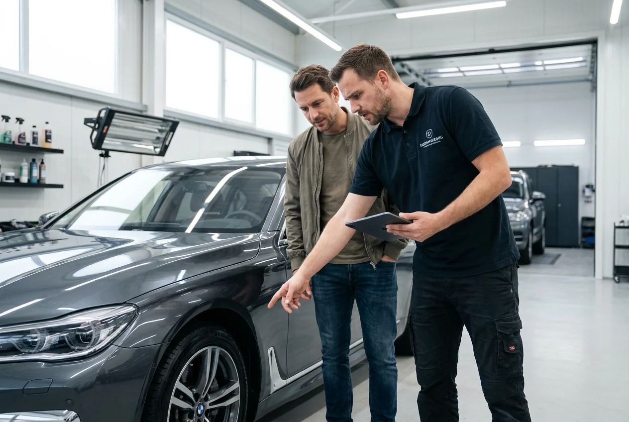 Car owner and technician discuss paint damage risks beside bumper and rocker panel