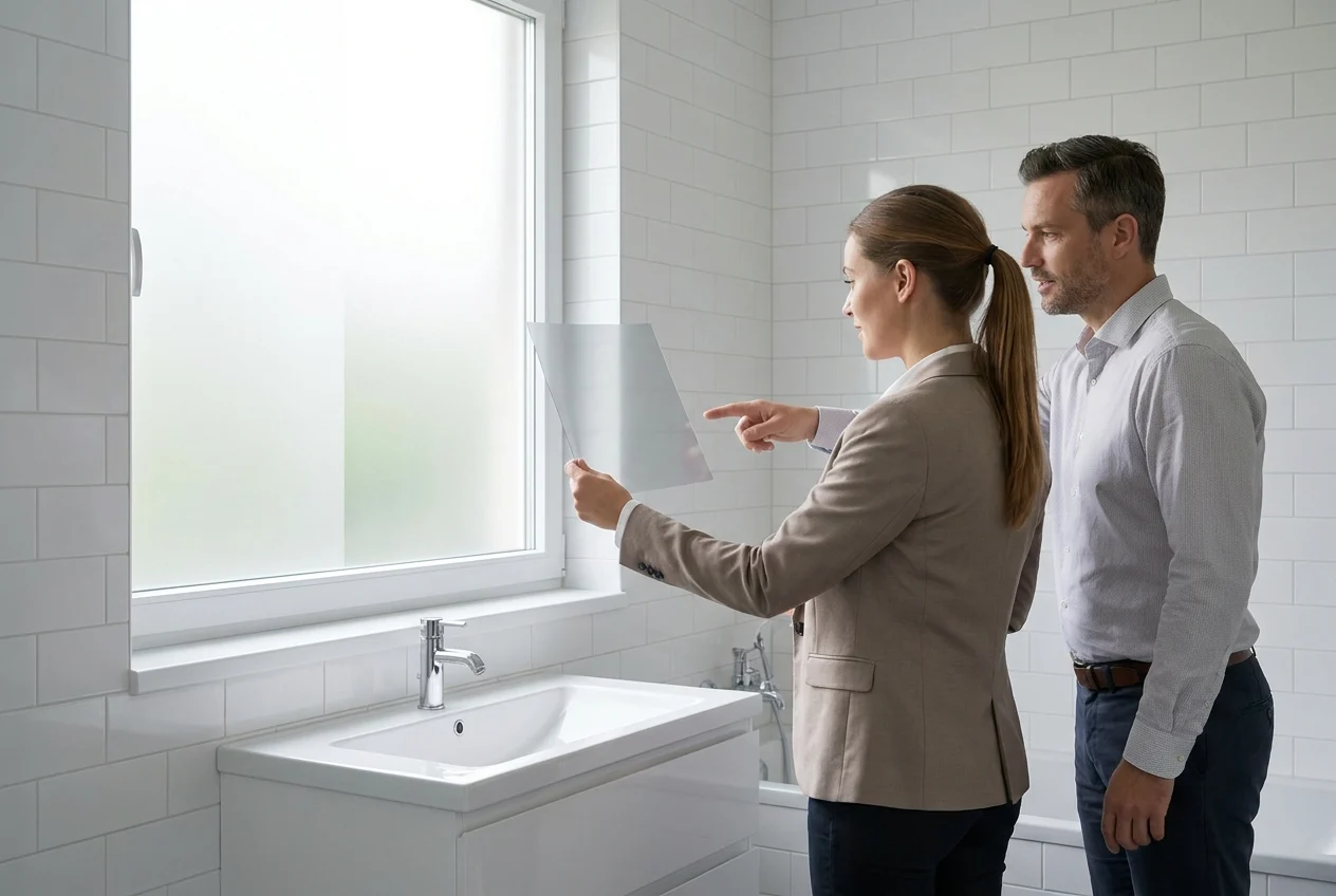 Two people choosing privacy film beside a bright bathroom window