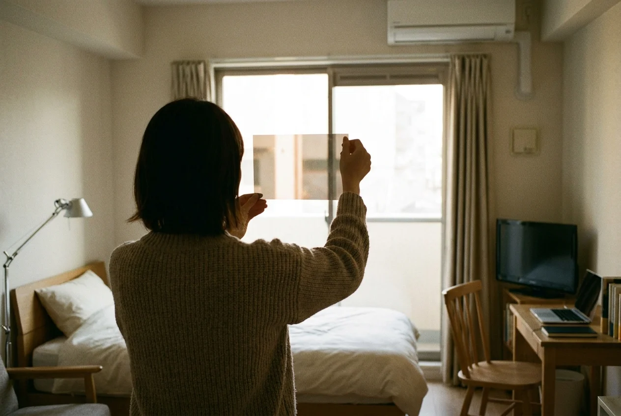 Bedroom homeowner comparing window film sample near a glare-reducing window