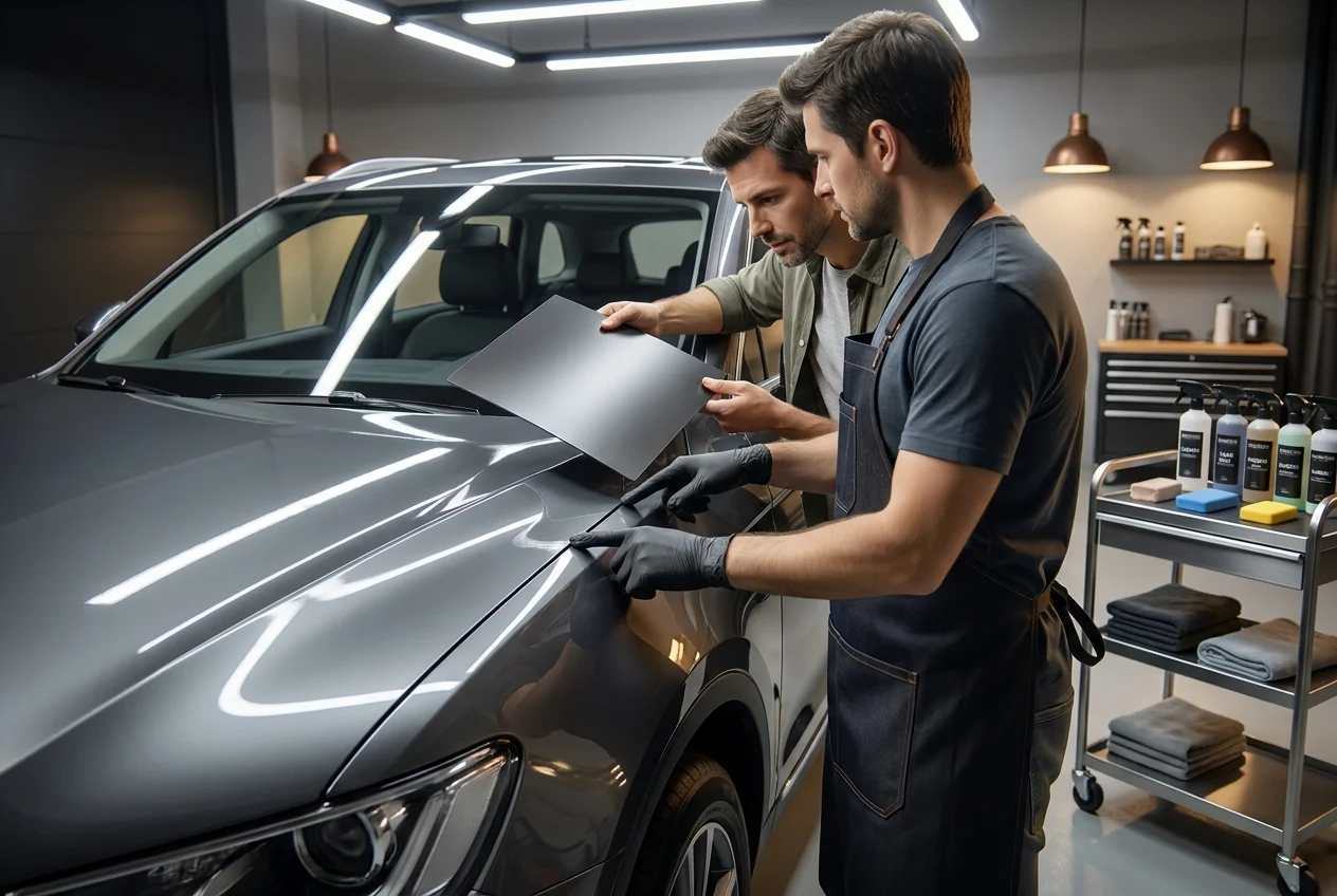Technician shows nearly invisible paint film edge and satin finish sample to owner