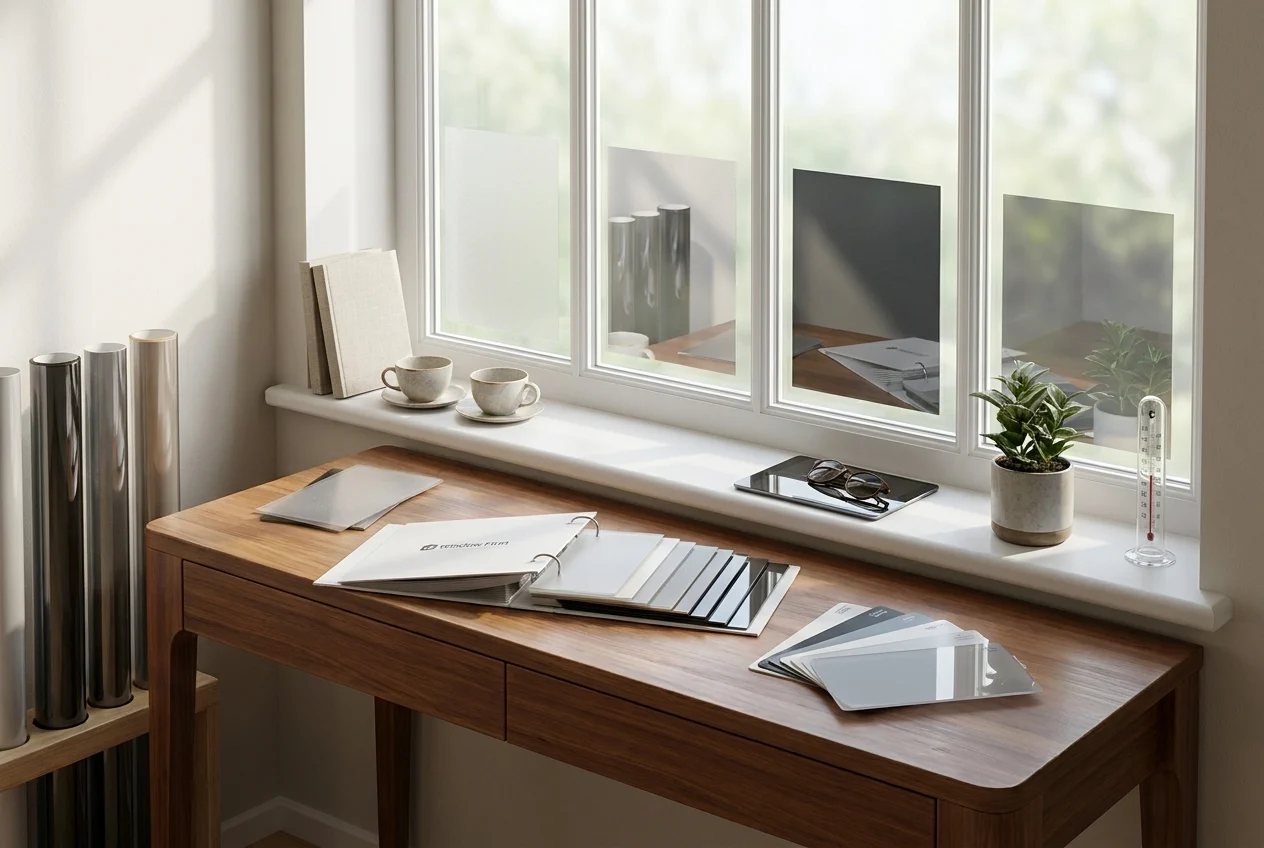 Curated home vignette with window film samples and sunlit privacy needs