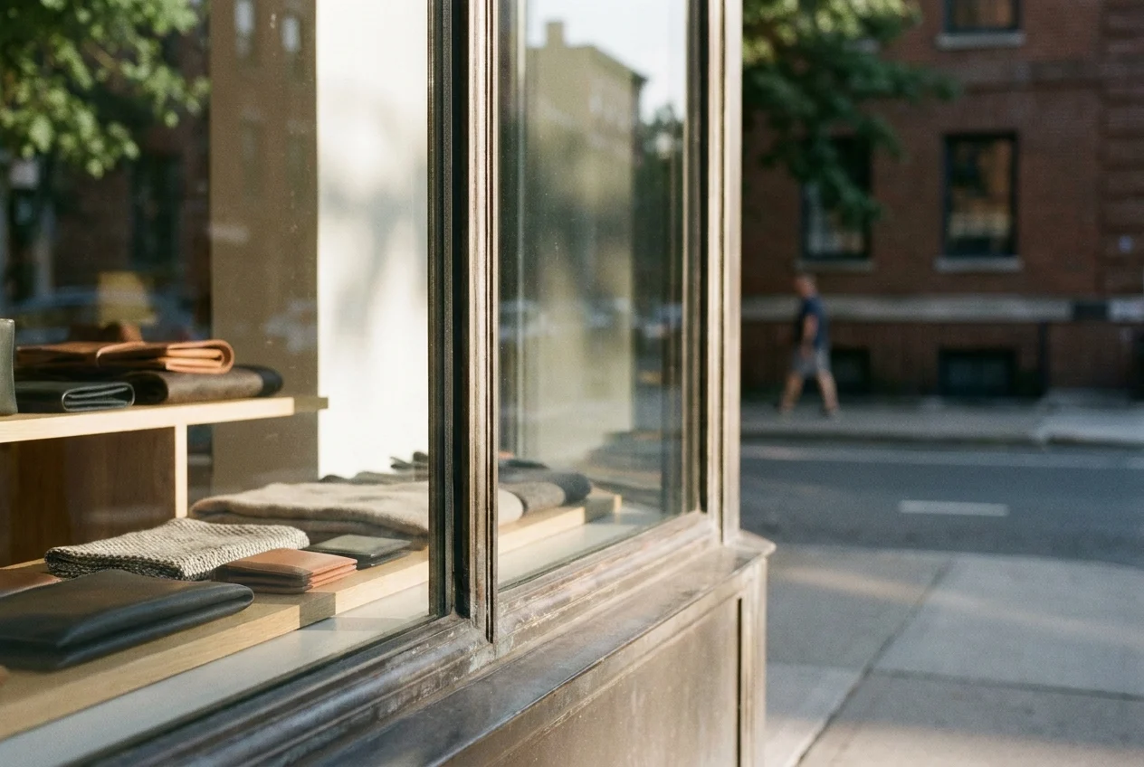 Storefront windows with tinted glass reducing bright sunlight on displays