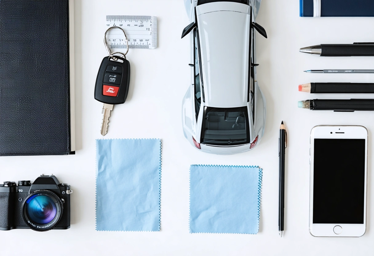 Top-down workspace with film samples, tools, notebook, and model car planning protection