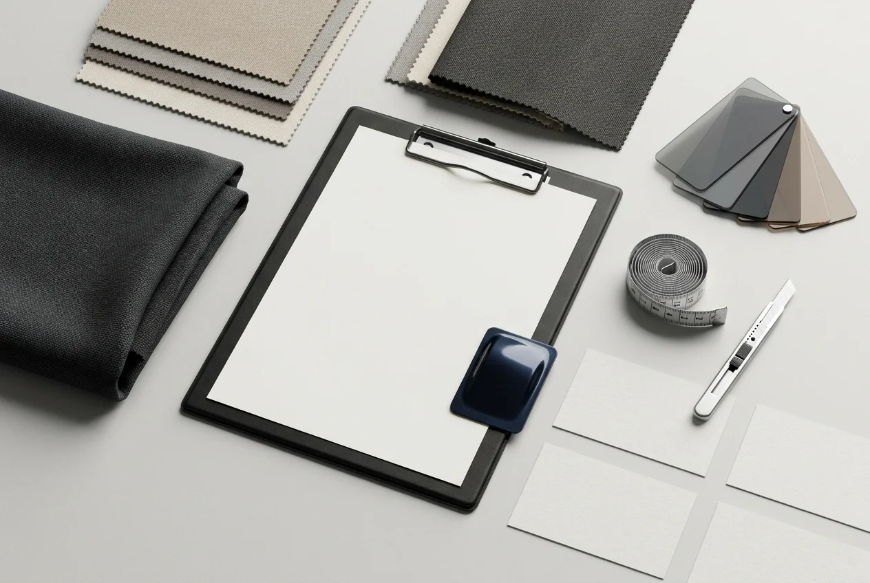 Flat lay of tint samples, car color chip, and interior materials