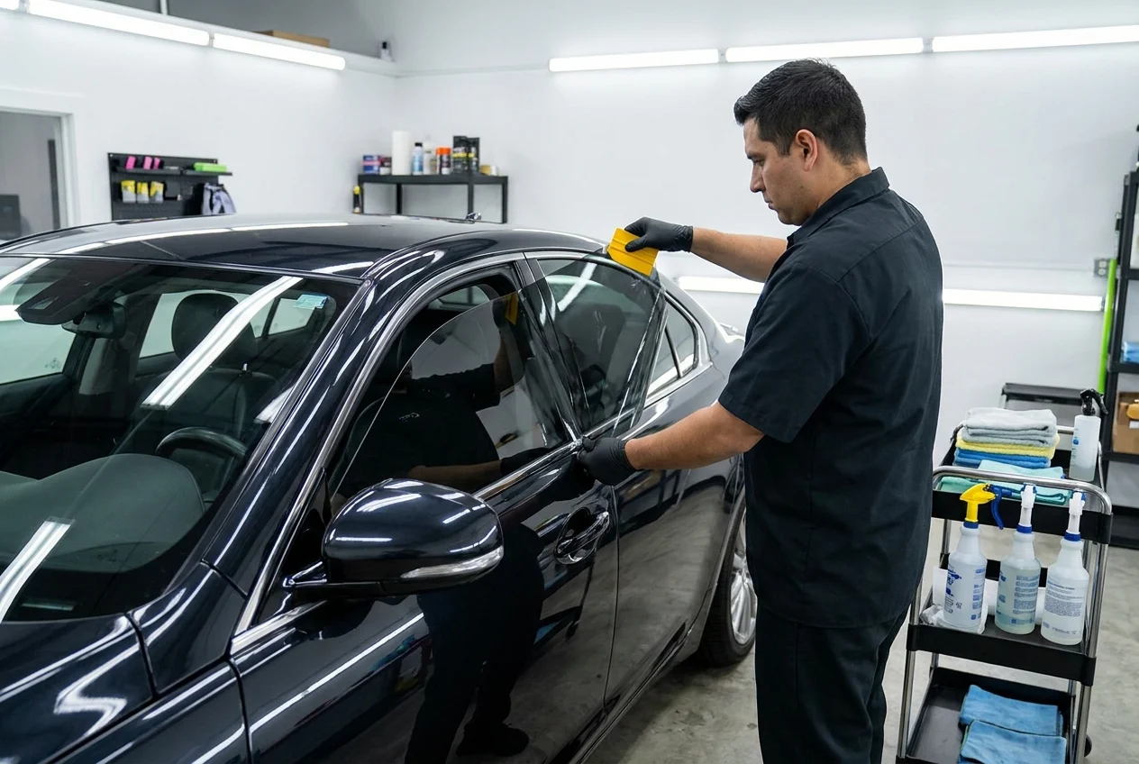 Technician cleaning a car window during a tint installation