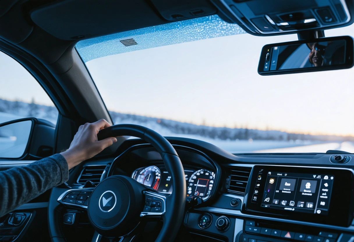 Hand adjusting rear defroster in a tinted car at dawn during curing