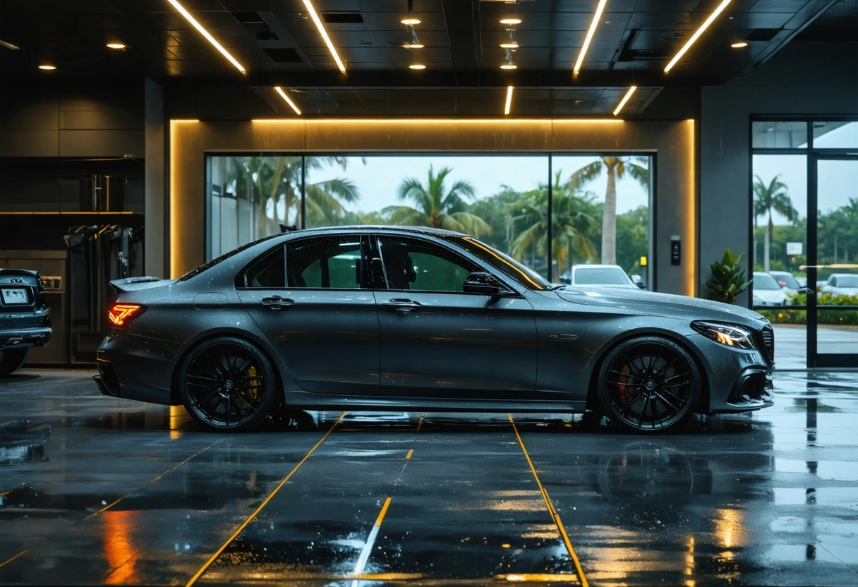 Technicians protect curing green coupe from rain before first wash