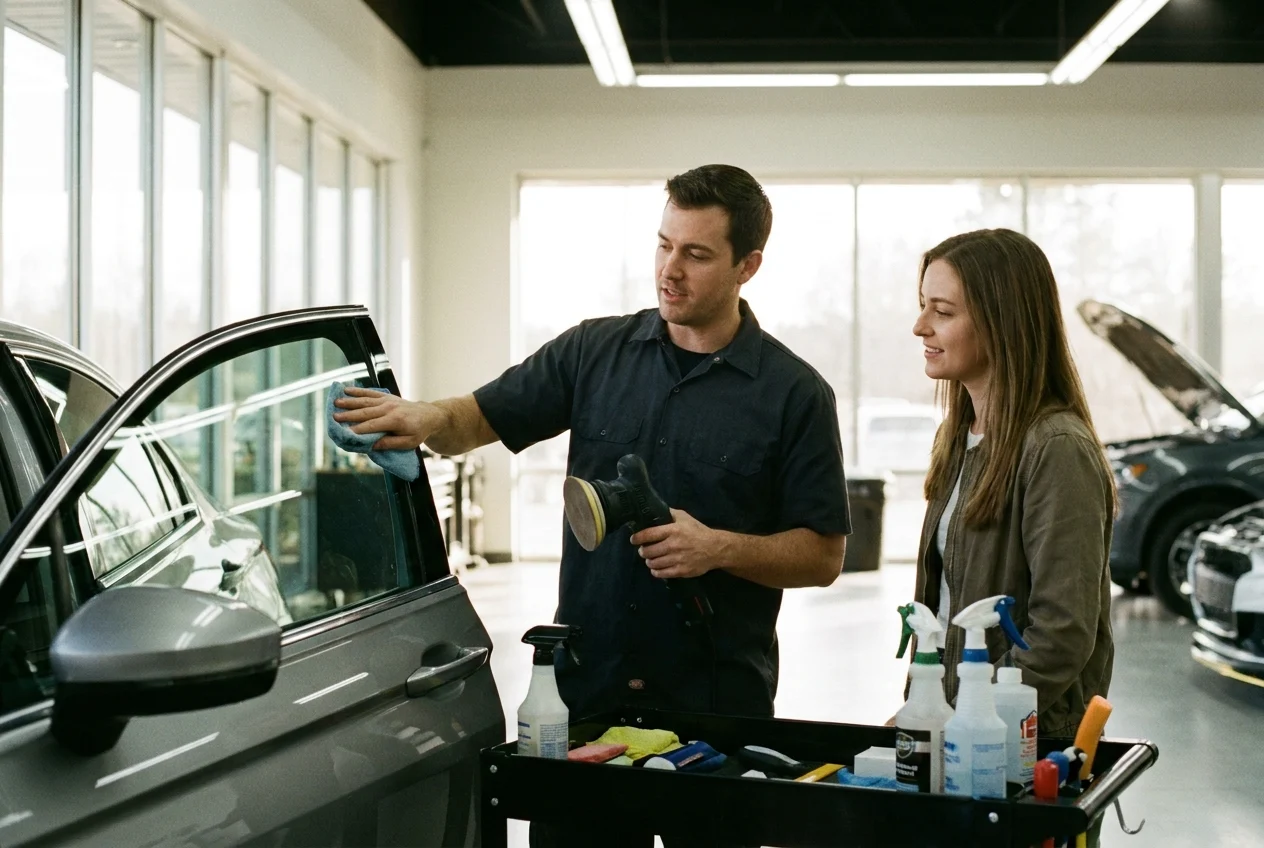Technician and customer inspect cleaned car window ready for new tint