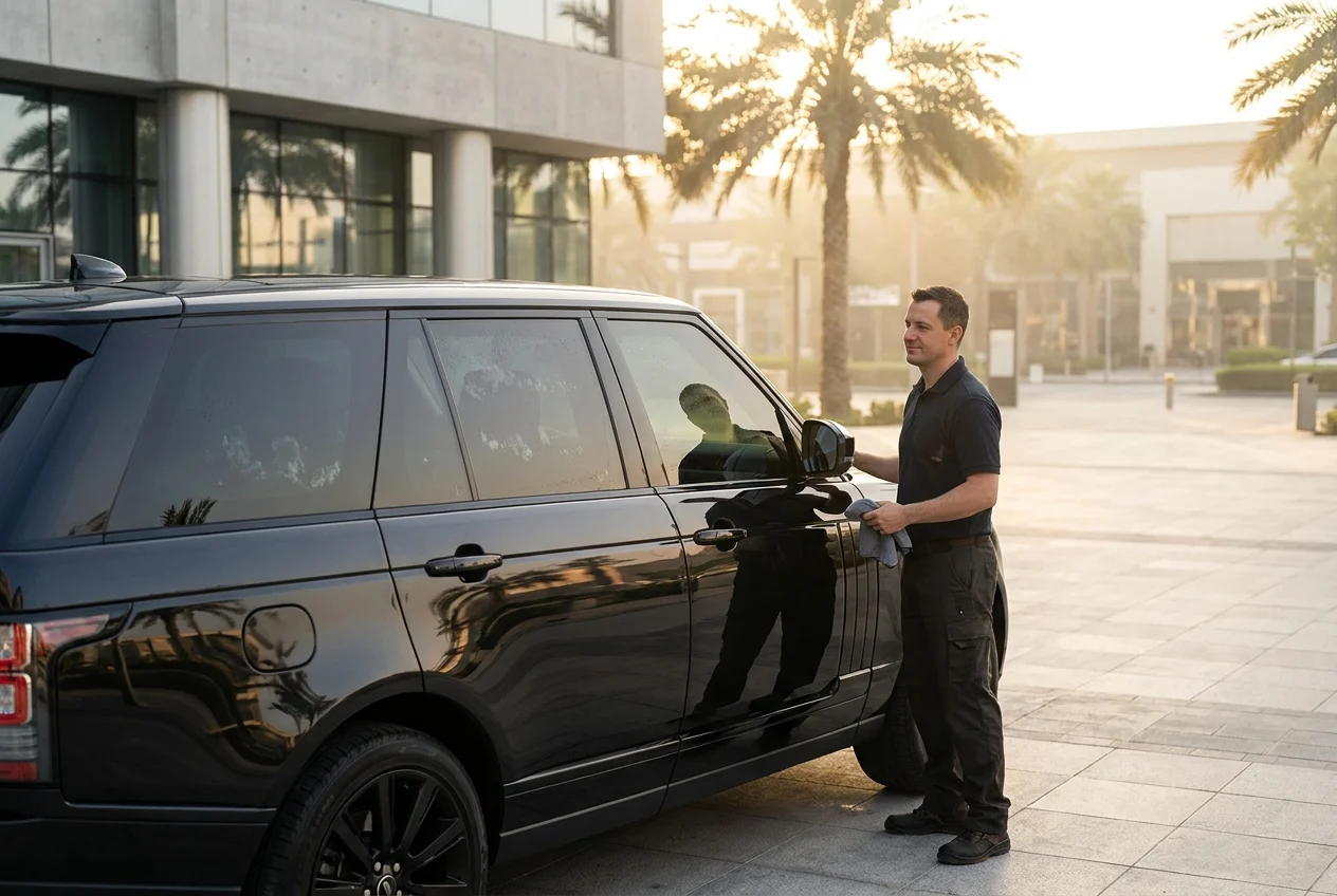 cinematic-wide-hero-image-of-a-gGTfLY Tinted black SUV beside installer at a premium auto shop