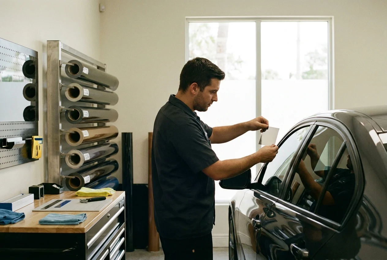 Technician positioning tint sample on car window in a professional workshop
