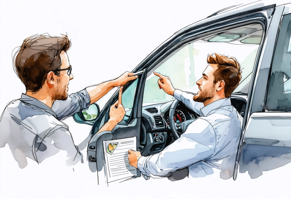 Customer and consultant review tint certification sticker beside a tinted vehicle