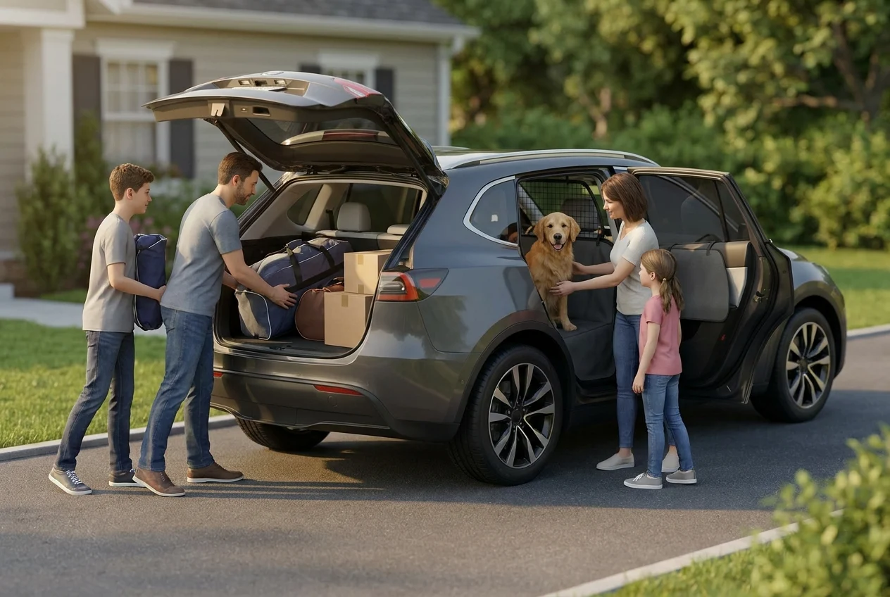 Family loading an SUV while keeping gear and pets away from tinted windows
