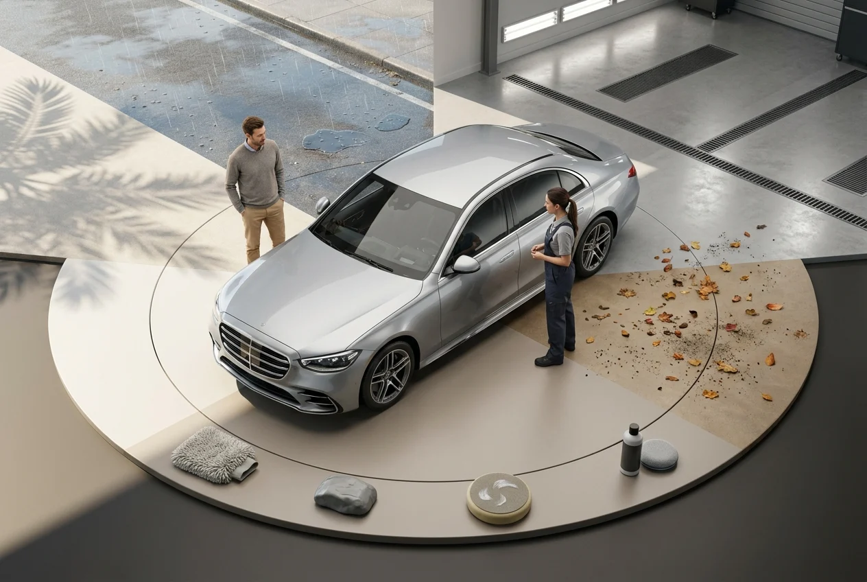 Specialist explains maintenance plan beside glossy black sedan to owner