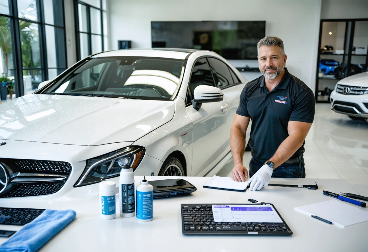 hero-image-of-a-pristine-new-pZm9EK Specialist and owner discuss a glossy pearl-white sedans ceramic coating