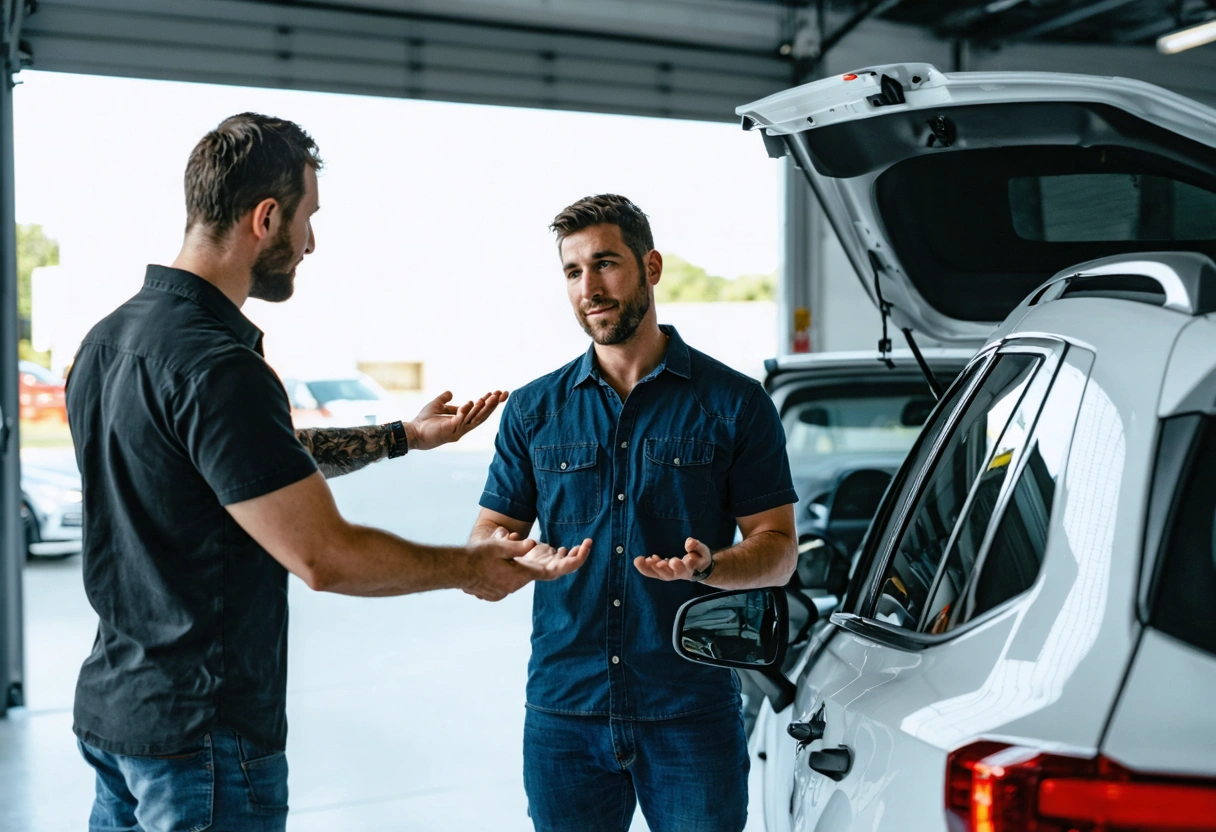 Two professionals and a car owner discuss rear window tint safety