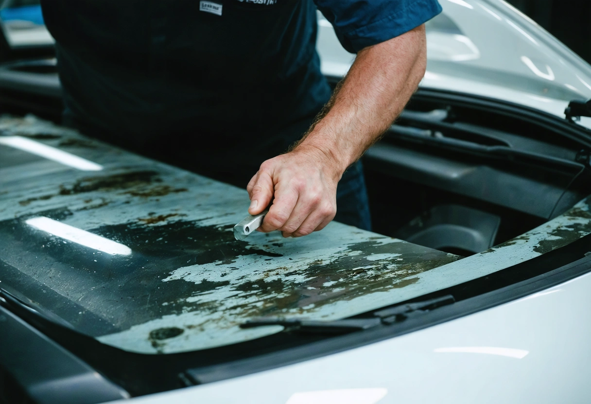 Technician removes deteriorated window tint with adhesive residue in shop bay