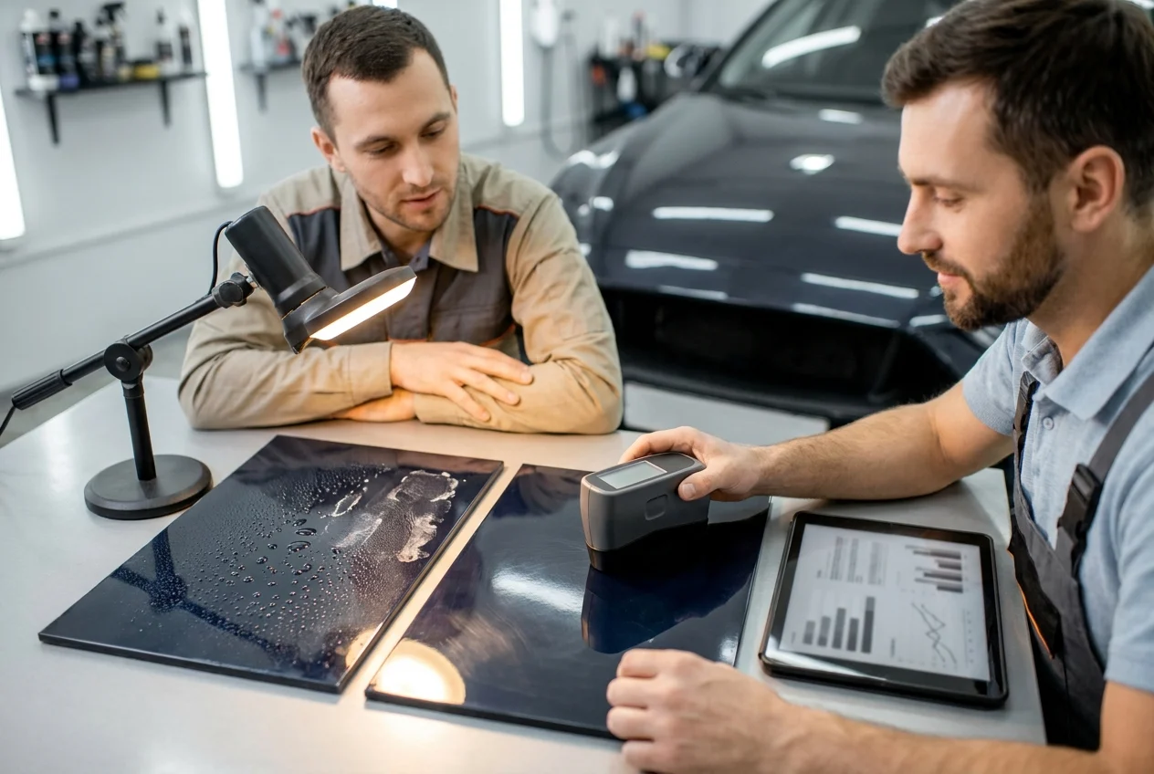 Specialist compares faint wash marks and glossy coating on dark-blue sedan