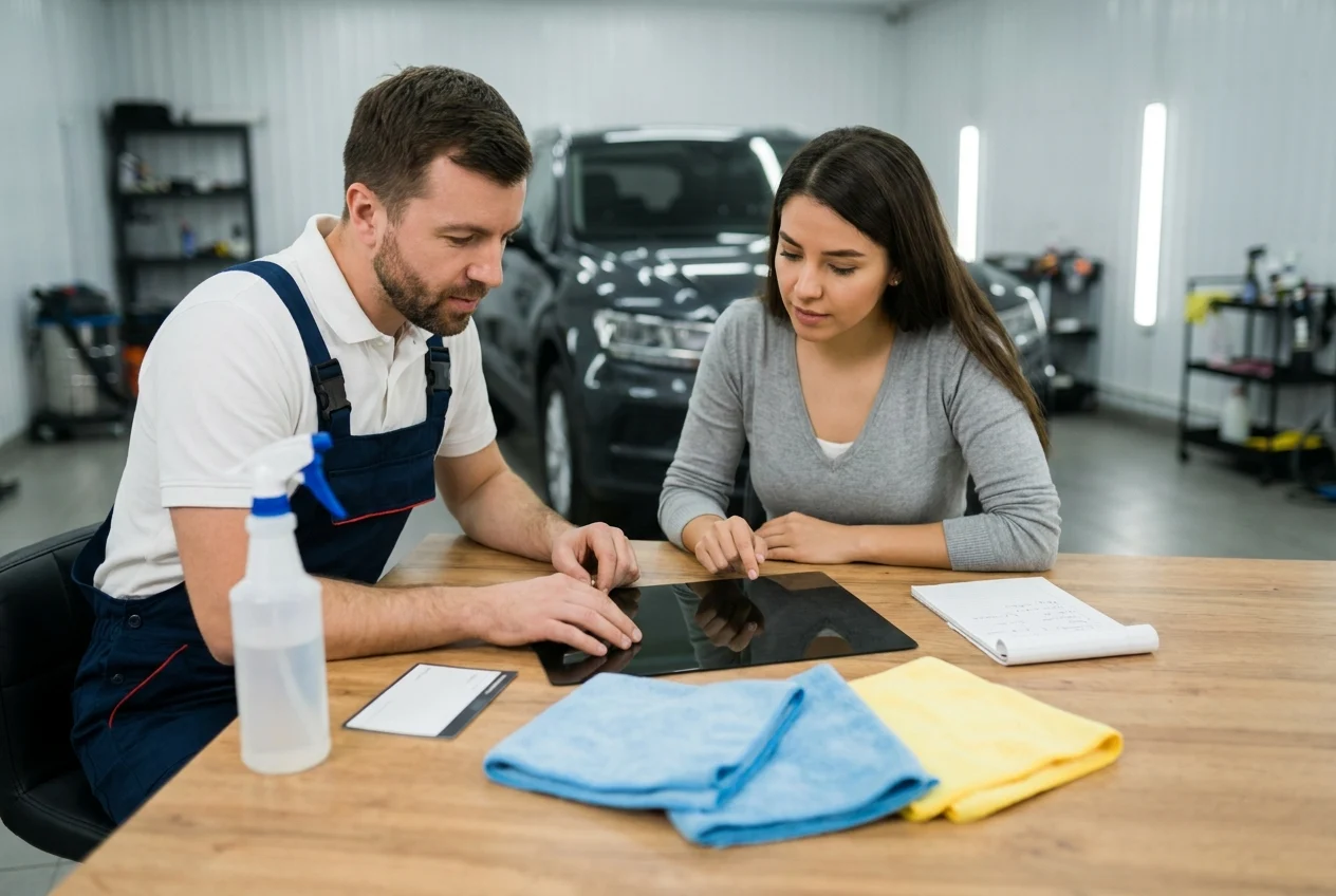 Technician and owner reviewing tint-safe cleaning supplies beside a tinted window