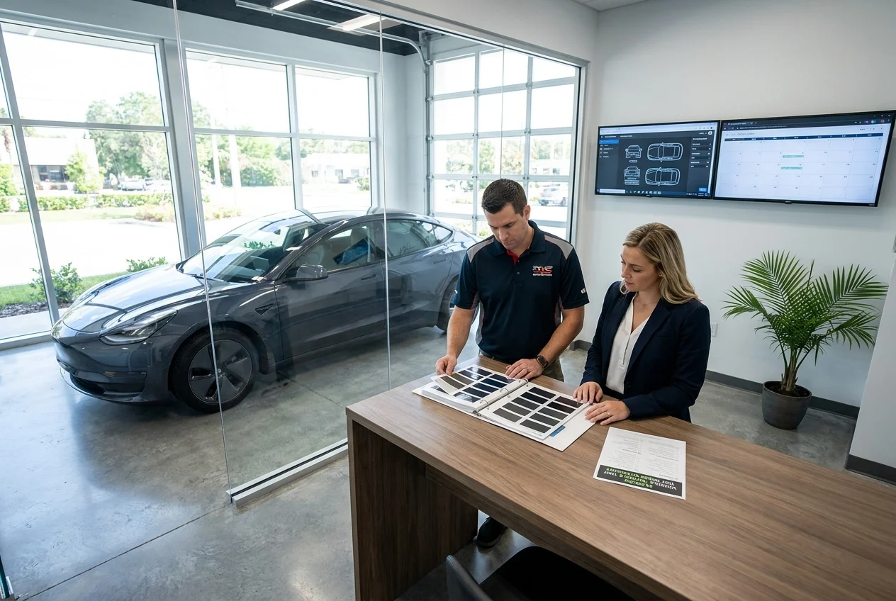 Professional modern workspace hero scene for a Florida auto tinting law article in 2026, bright premium consultation
