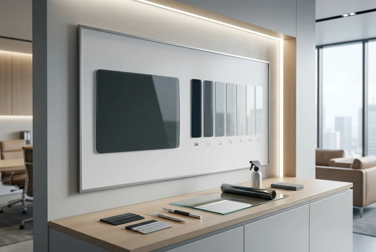 Tint sample board showing fading colors beside tools and glass pane