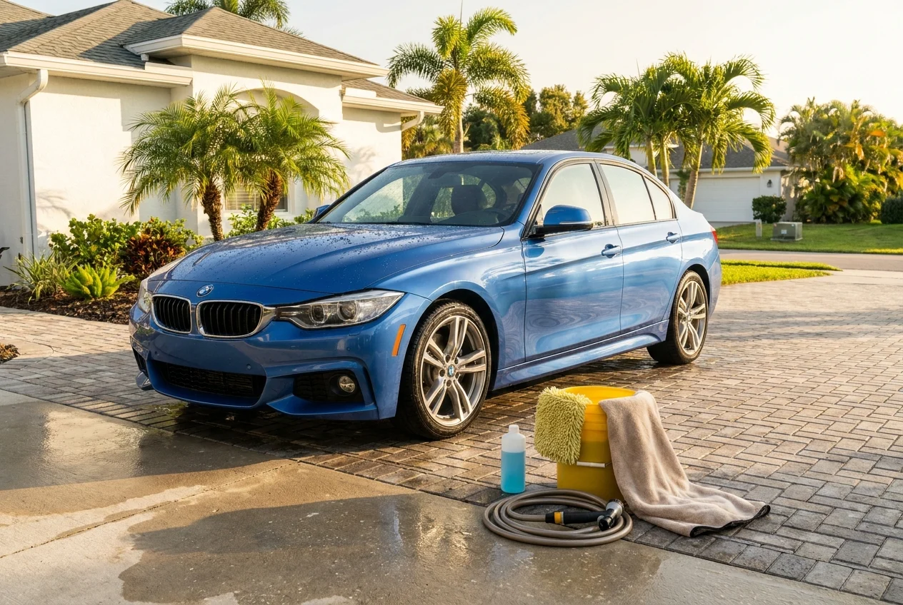 Water beads shed from ceramic-coated graphite sedan in tidy garage