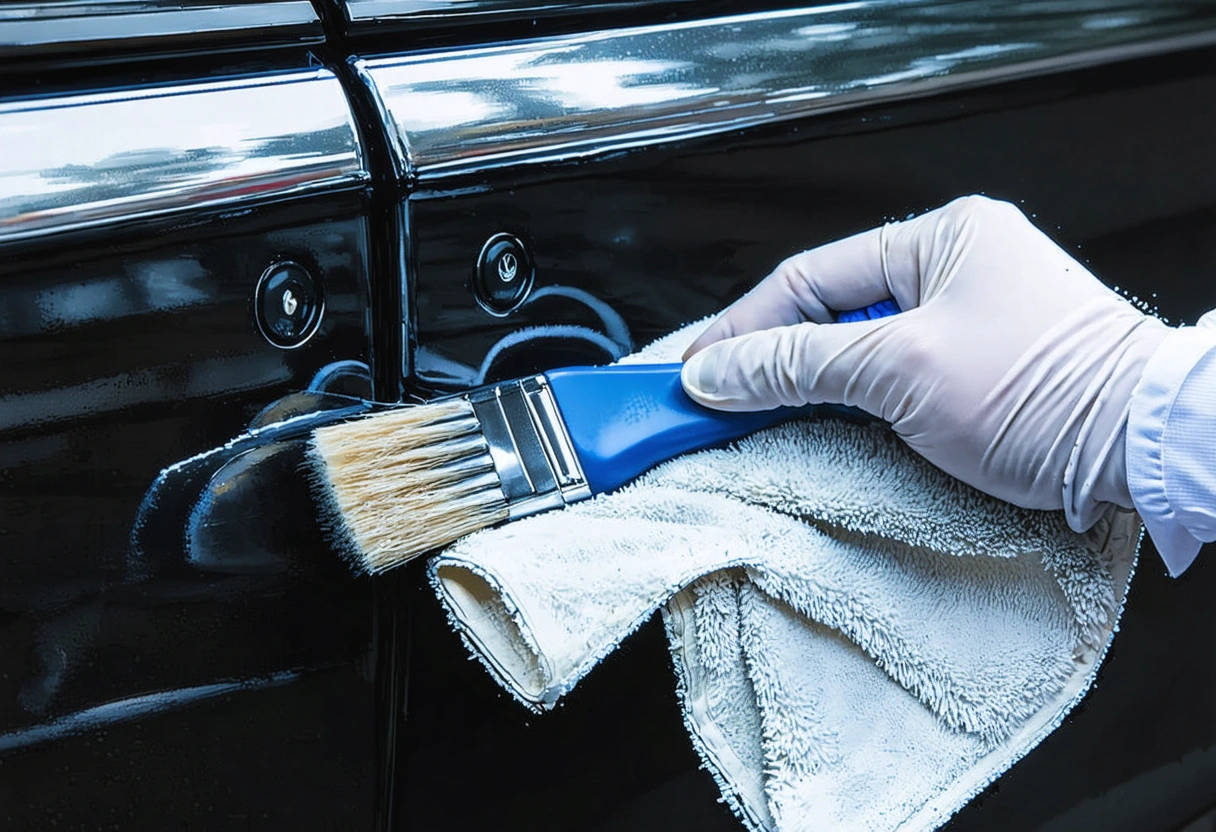 Owner hands silver crossover keys to technician outside detailing studio