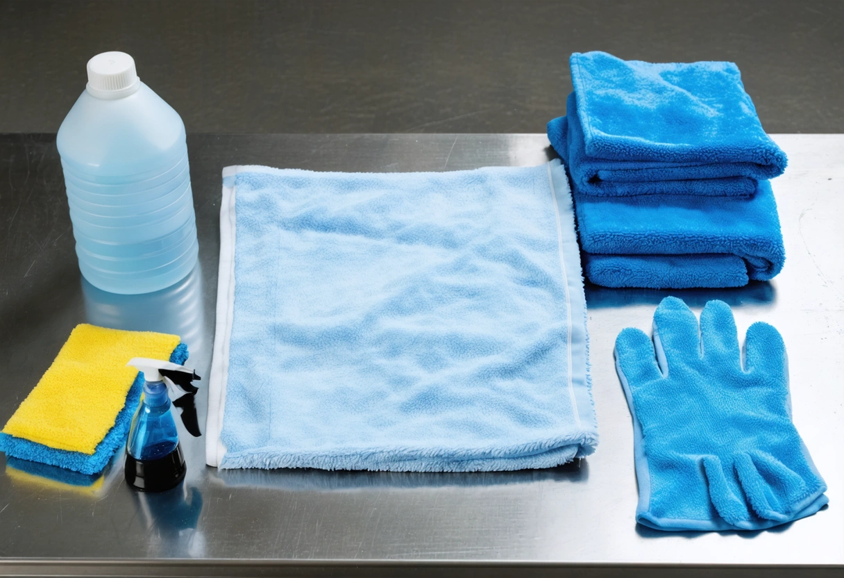 Top-down tint-care cleaning setup with microfiber towel, spray bottle, and gloves