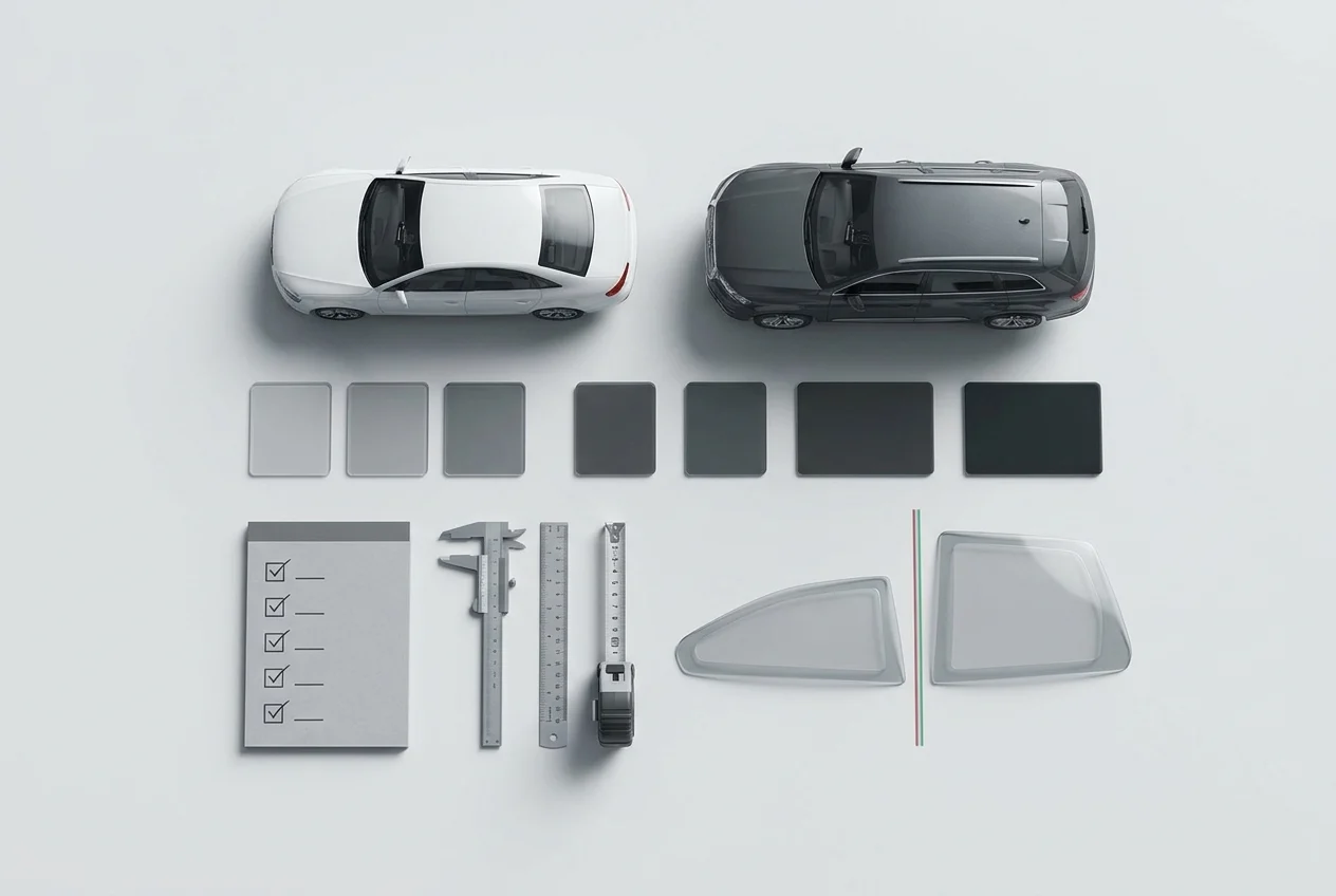 Top-down workspace with car models, tint swatches, and compliance tools
