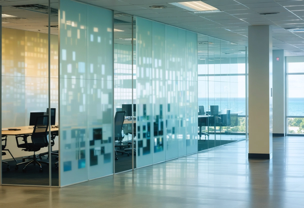 Frosted geometric glass partitions provide privacy in a modern office