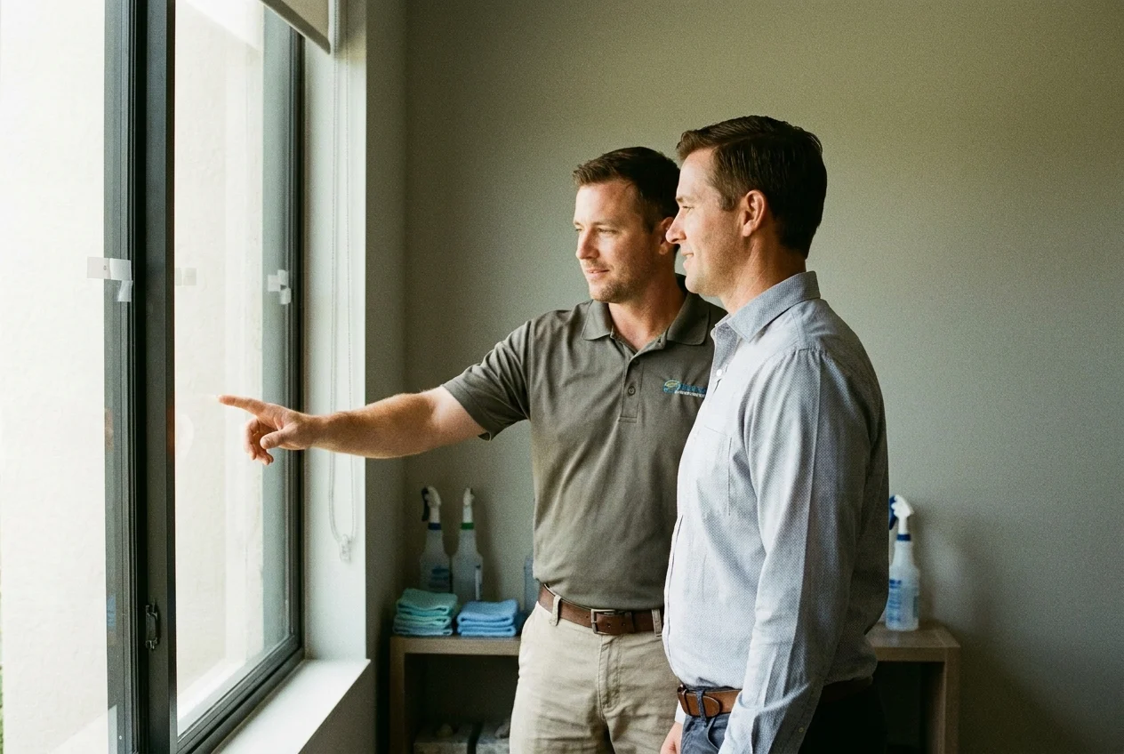 Installer and owner review newly tinted office windows during curing