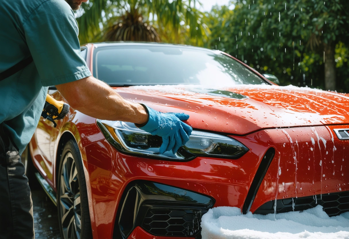 Road grime coating the lower panels of a vehicle