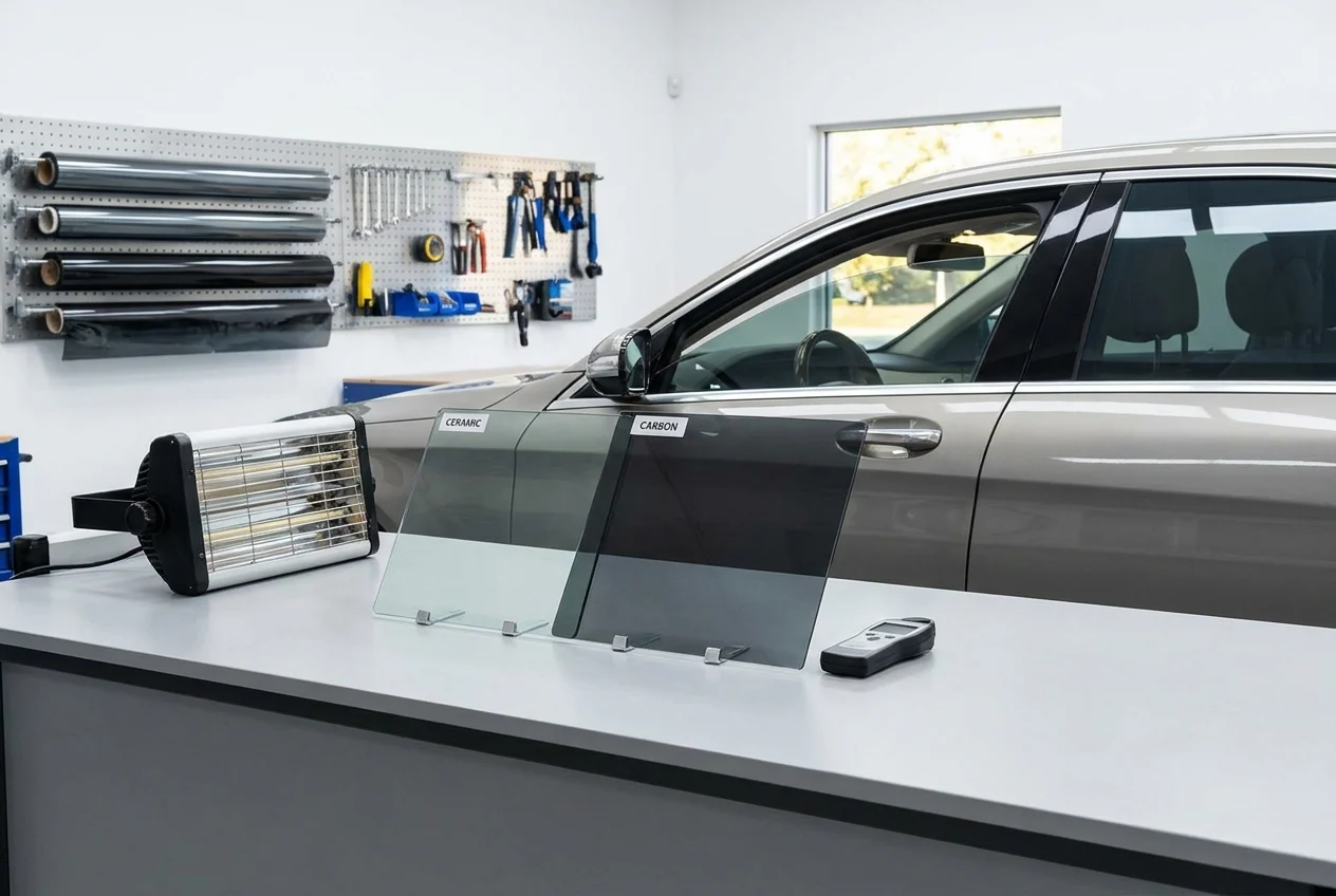 Driver comparing visibility through ceramic and carbon window tint