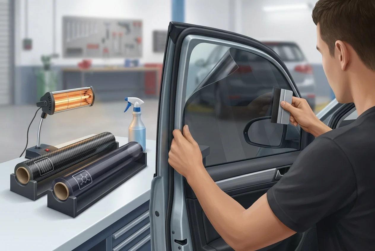 Roll of carbon tint beside tools used for installation